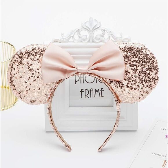 Minnie Mouse Ear Headband Pink-Gold Sparkle Shimmer Sequins with Bow. - Picture 5 of 5